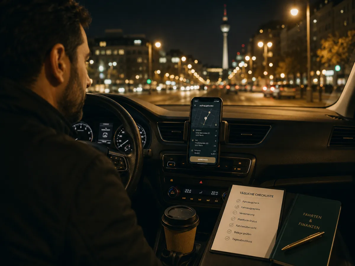 Mietwagenfahrer nachts in Berlin mit Plattform-App für Uber und Bolt